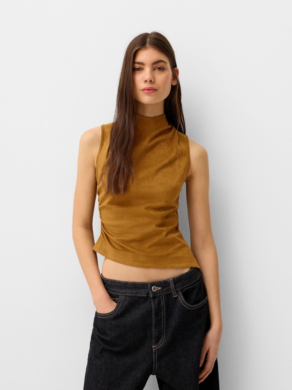 🤎 Bershka Rich Brown Faux Suede Ruched Mock Neck Top S